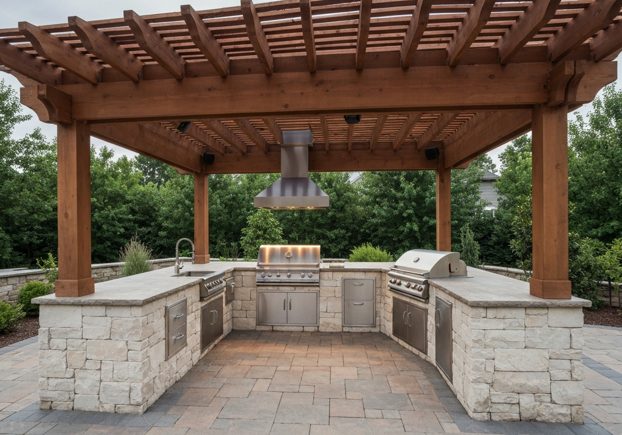 Pergola built over an outdoor kitchen with stone countertops and built-in grill