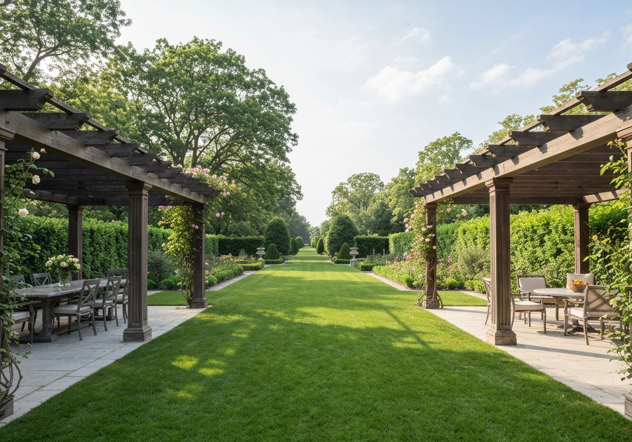 Two matching symmetrical pergolas flanking a central lawn in a large backyard garden