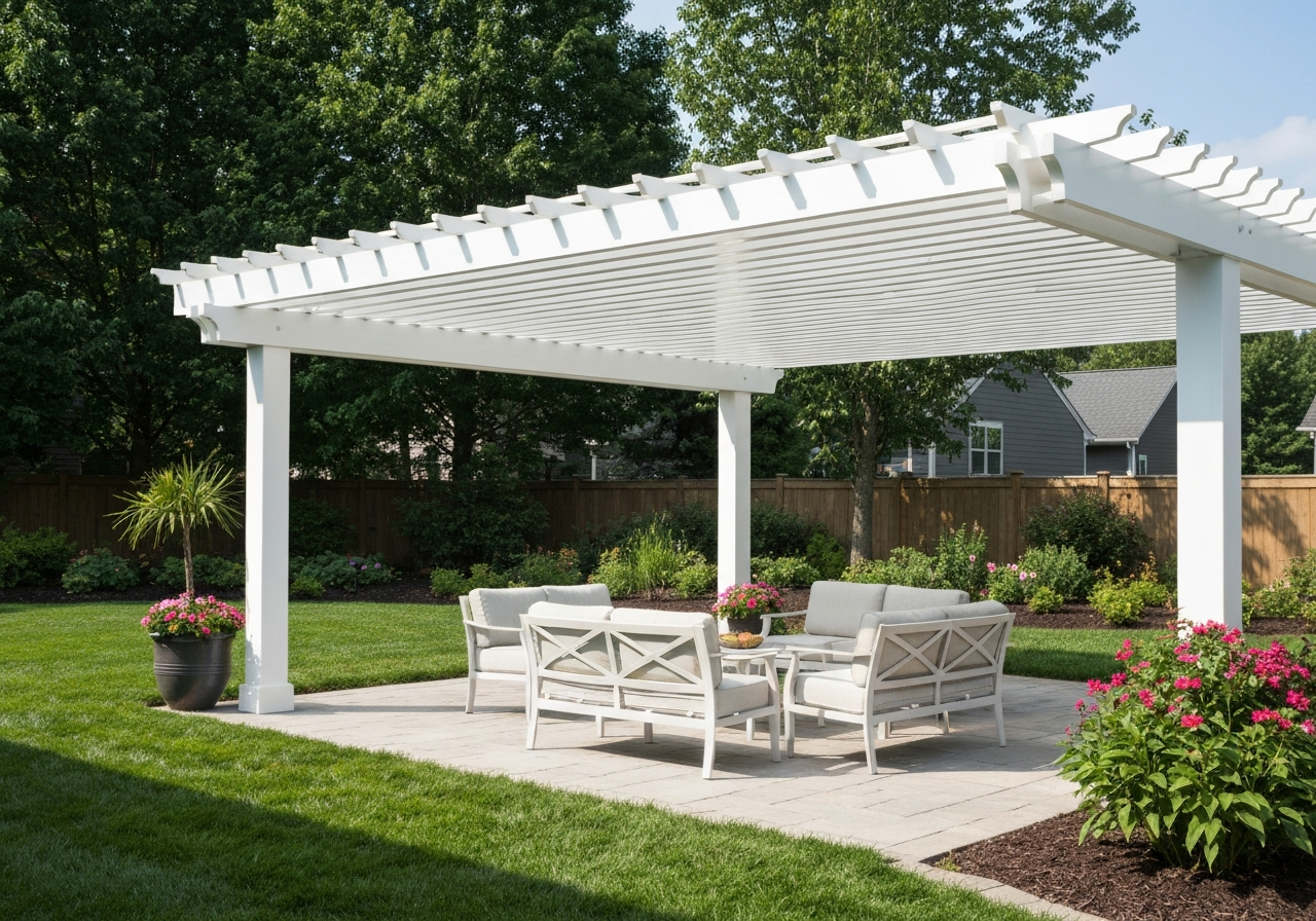 Clean white vinyl pergola in a tidy suburban backyard with powder-coated aluminum furniture