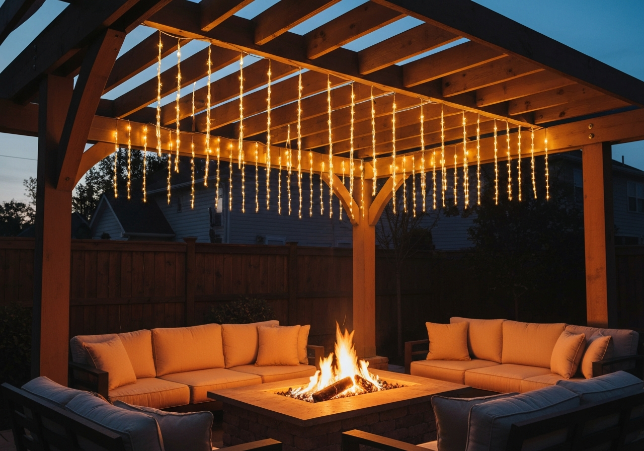 Pergola with vertical LED curtain lights glowing over a fire pit seating area at night