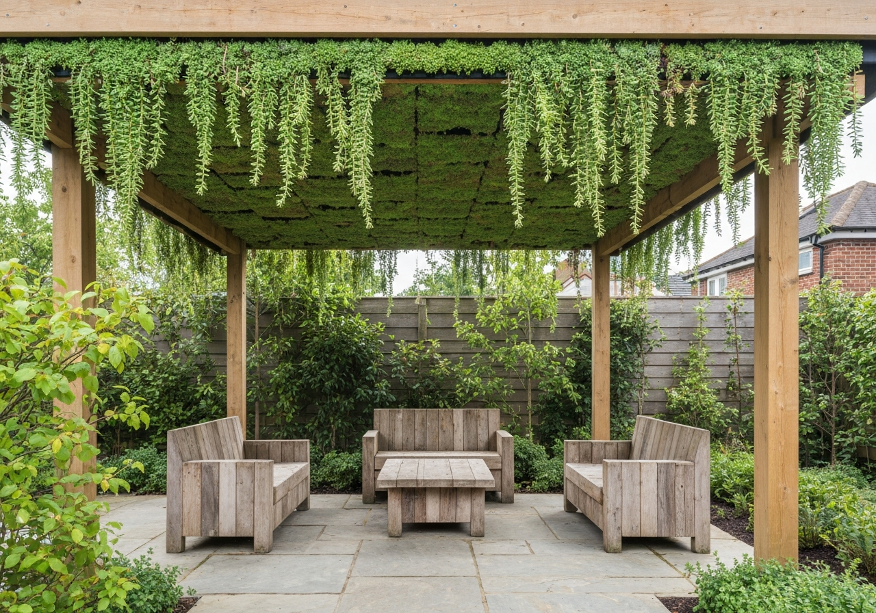 Pergola with living green roof of sedum mats and succulents over natural stone paving