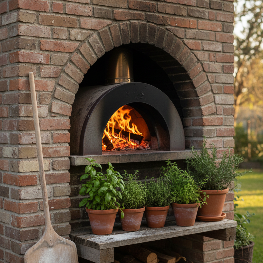 Wood-fired pizza oven set in an arched brick structure, orange fire visible through opening, pizza peel resting beside it, terracotta herb pots