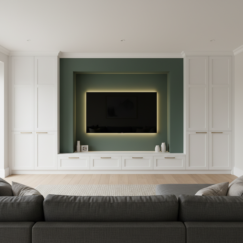 Sage green recessed accent behind wall-mounted TV with white built-in storage and brass hardware