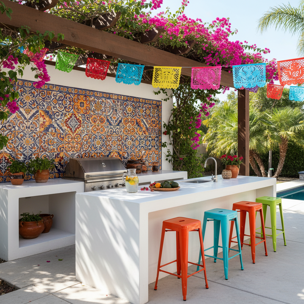Vibrant outdoor kitchen with Talavera-style tile backsplash in cobalt, red and gold, white concrete island, colorful bar stools, festive daytime