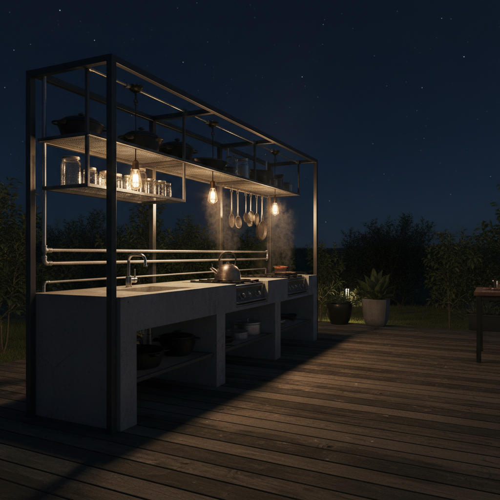 Industrial outdoor kitchen with matte black steel frame, exposed pipe shelving, Edison pendant lights, concrete counters, dark wood deck at night