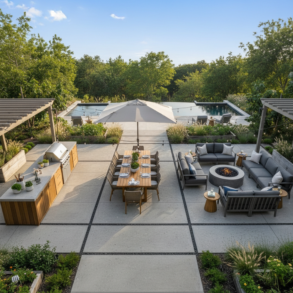 Bird's-eye view of multi-zone patio with built-in grill zone, central dining table, and lounge area connected by large format concrete pavers