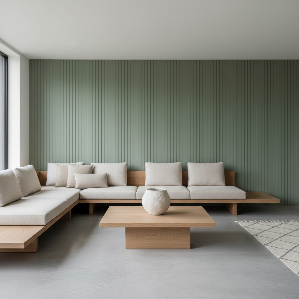 Sage green vertical timber slatted wall panelling in a Japandi-inspired minimalist living room