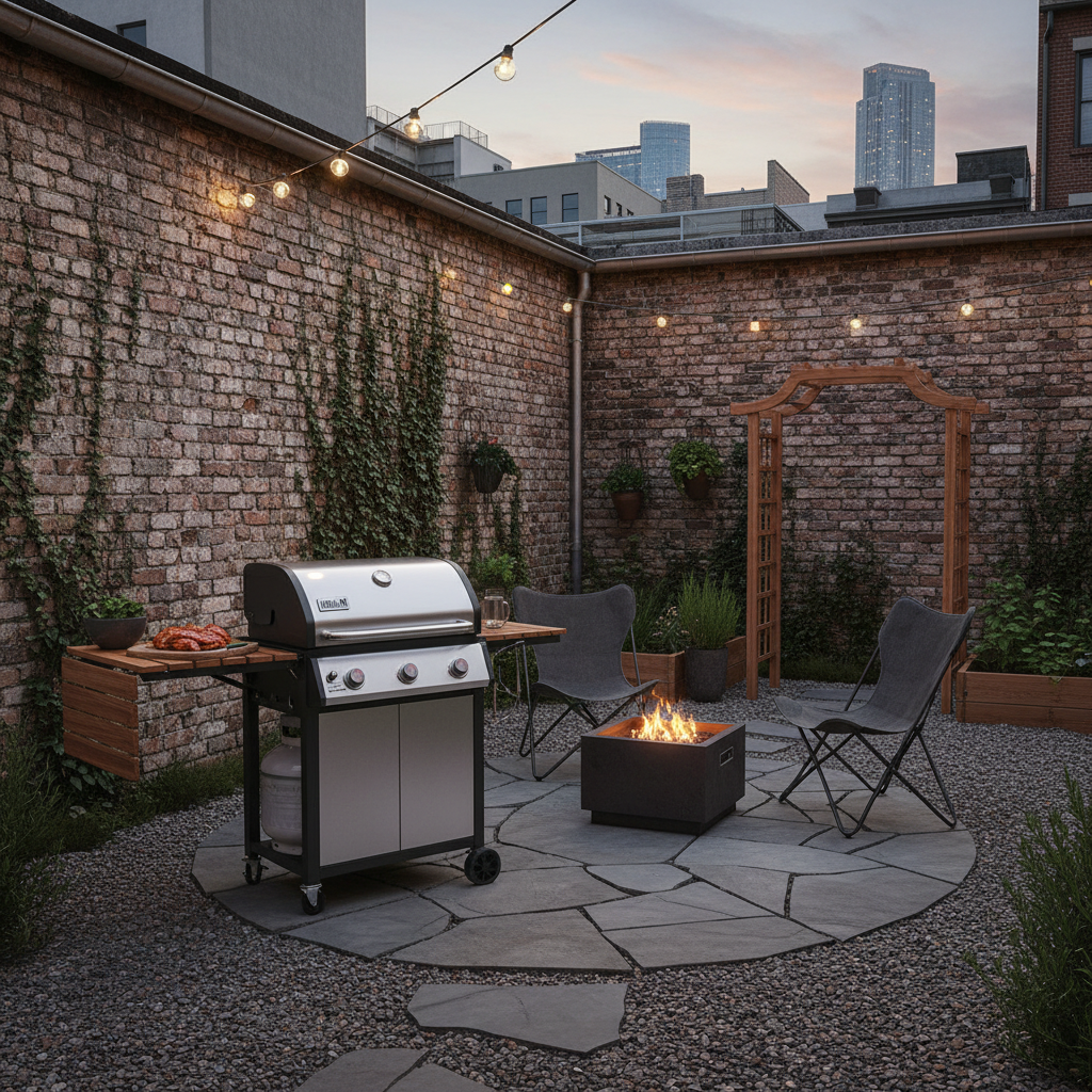 Compact freestanding grill cart on a small stone patio with folding prep table, two chairs, small urban backyard setting