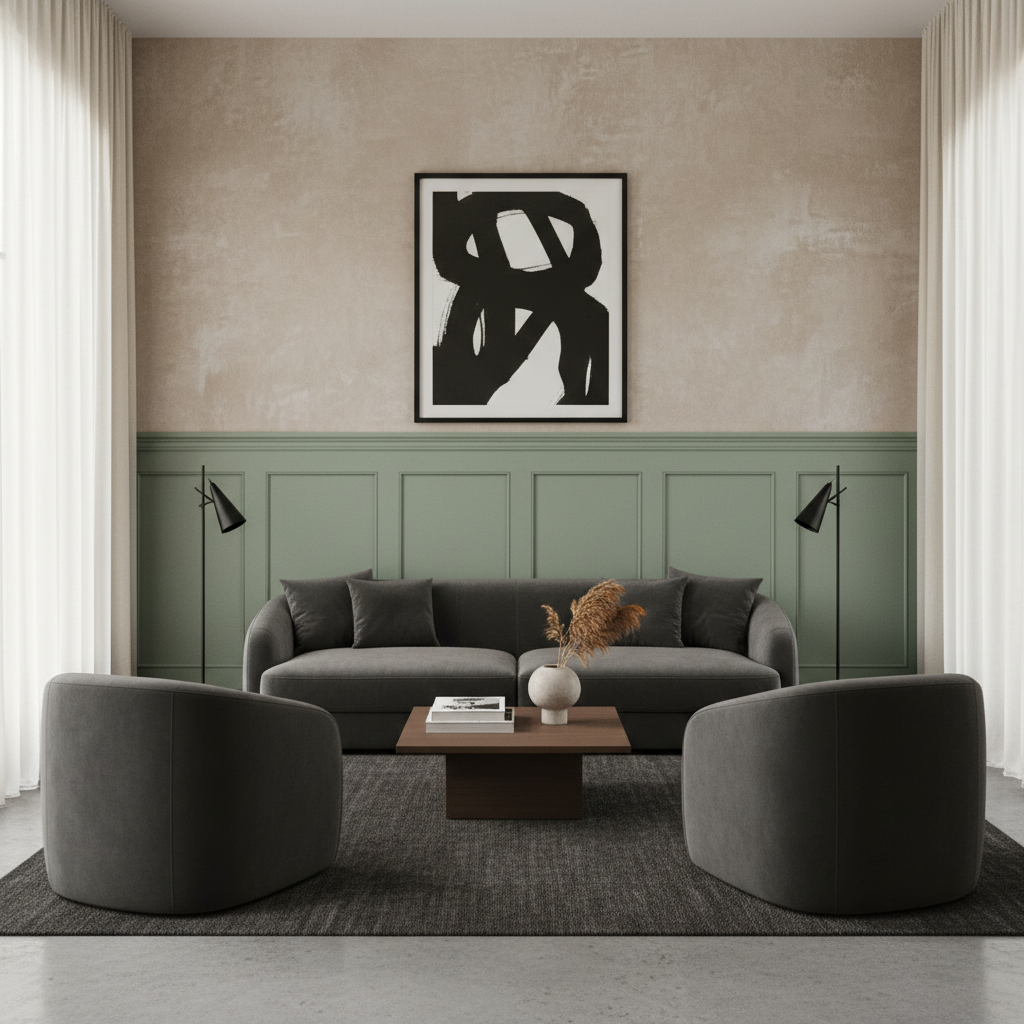 Sage green wainscot panel with deep charcoal upholstery and raw plaster wall texture