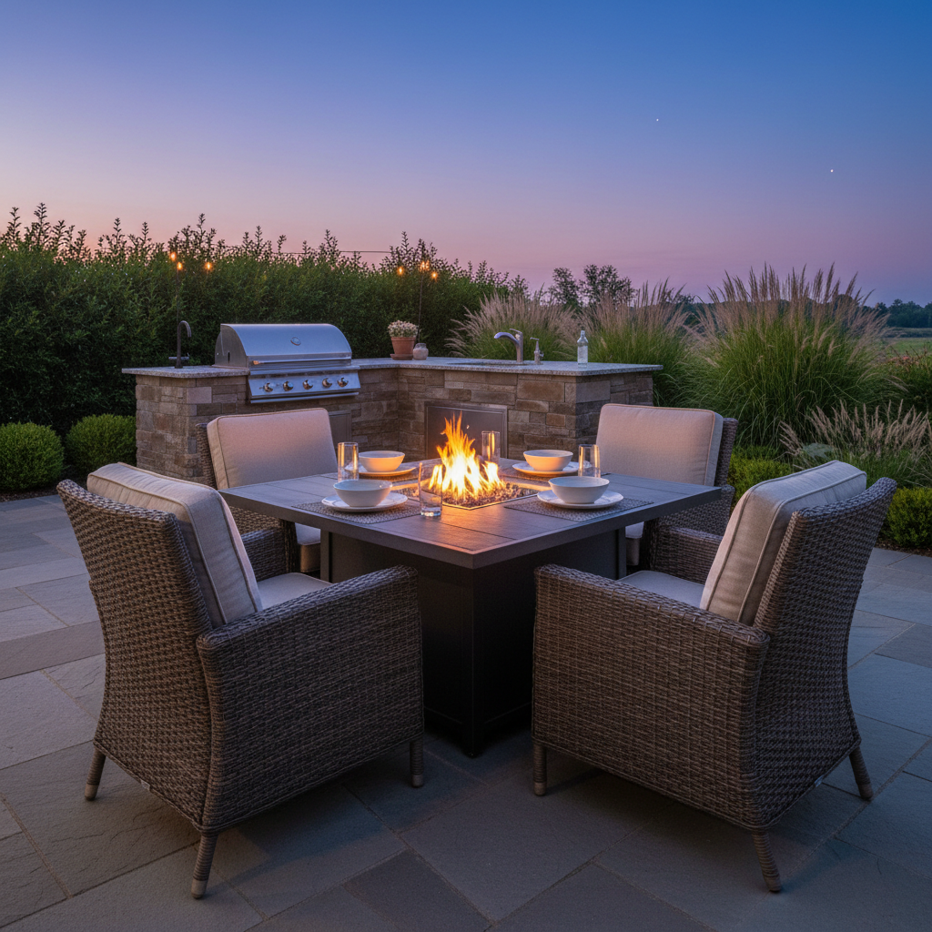 Square propane fire pit dining table surrounded by wicker chairs with cushions, outdoor kitchen island in background, warm fire glow at dusk