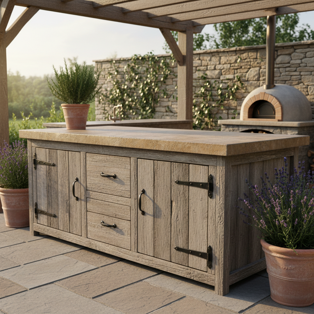 Rustic outdoor kitchen island with poured concrete countertop, reclaimed wood cabinet fronts, iron hardware, potted rosemary and lavender