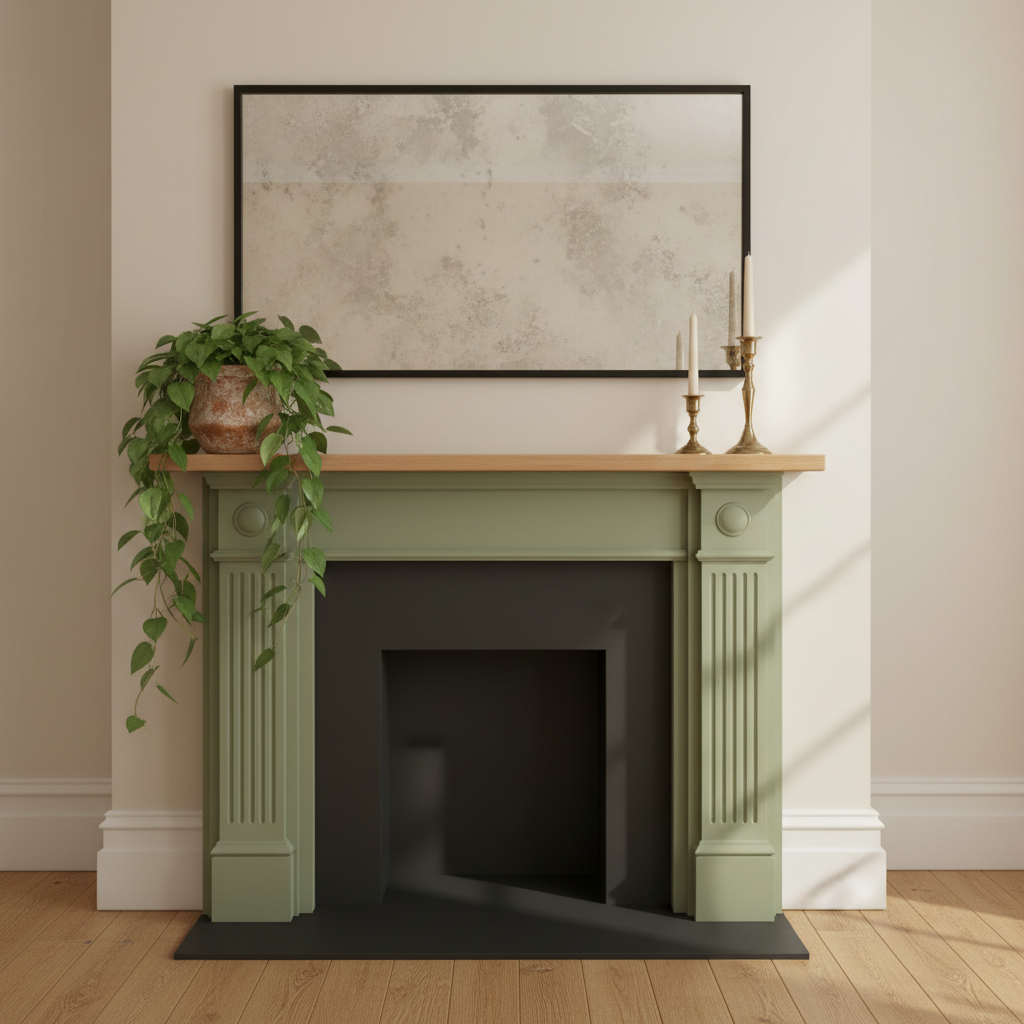 Sage green fireplace surround with contrasting cream mantel shelf and large framed mirror