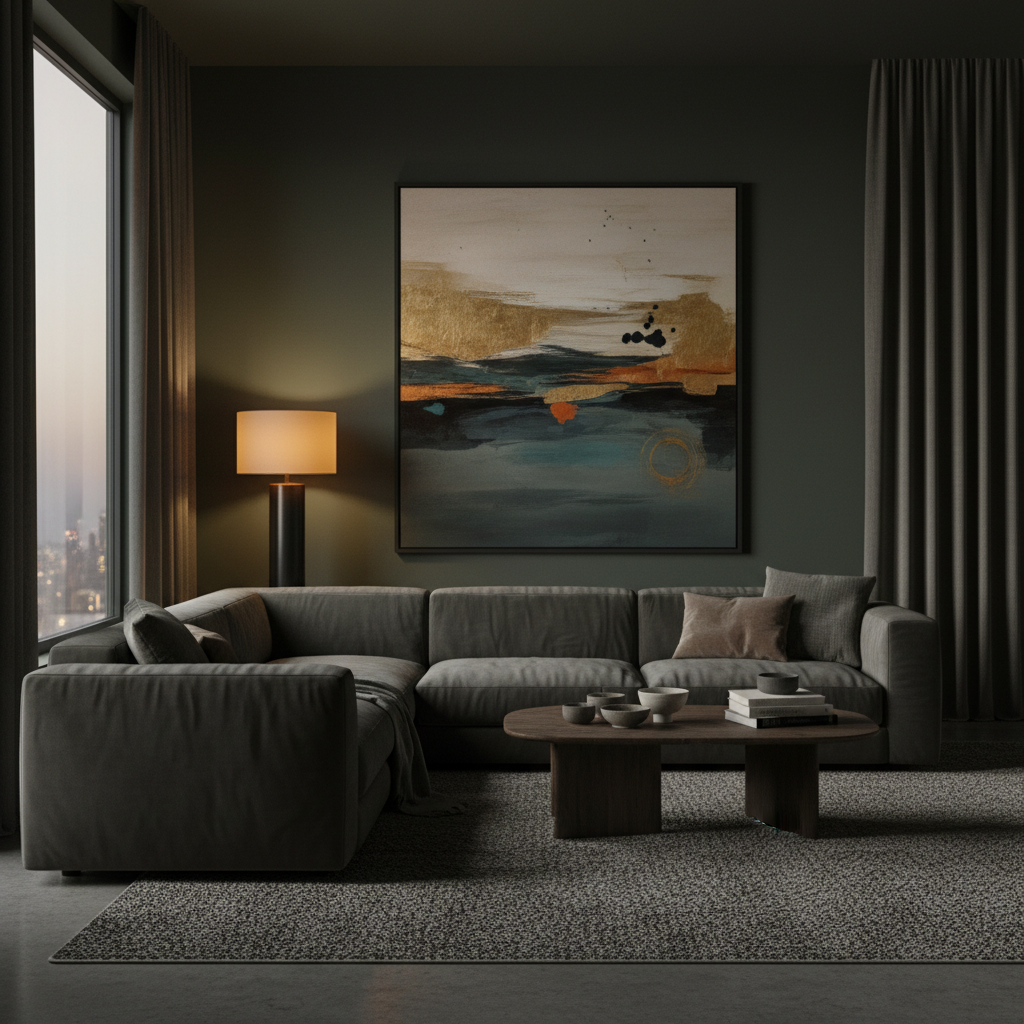 Dark sage green moody living room with warm amber lighting and deep charcoal boucle furniture