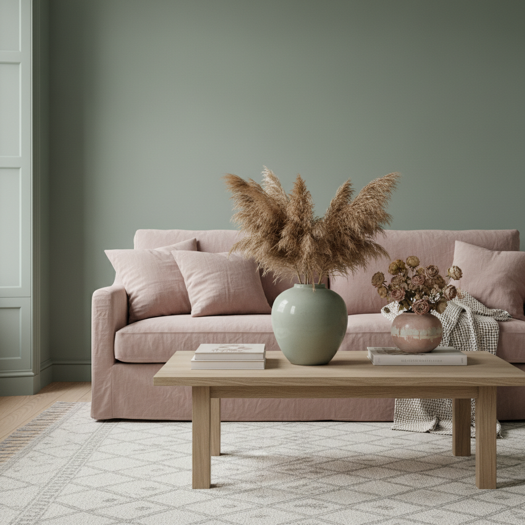 Sage green and dusty blush two-tone living room with washed linen sofa and botanical accessories