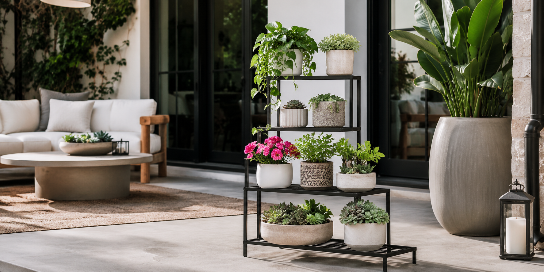 A matte black multi-tiered metal plant stand holding a variety of succulents and potted flowers, placed on a modern outdoor patio with concrete flooring