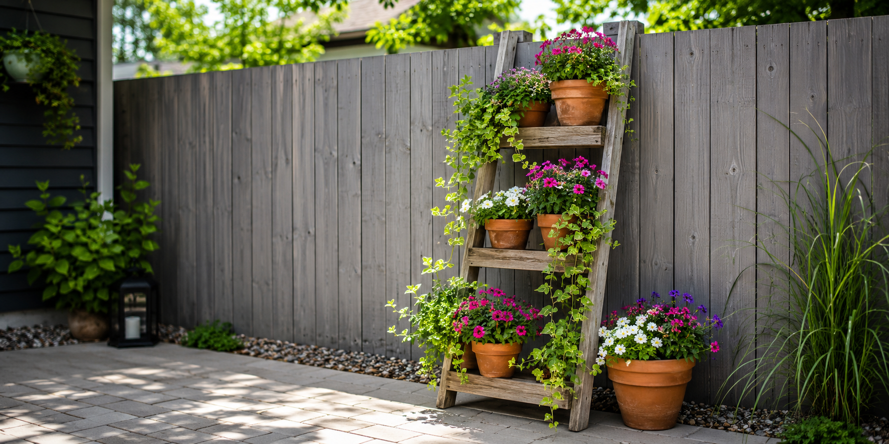A rustic wooden ladder stand leaning against a garden fence, featuring terracotta pots with colorful flowers and green trailing vines.