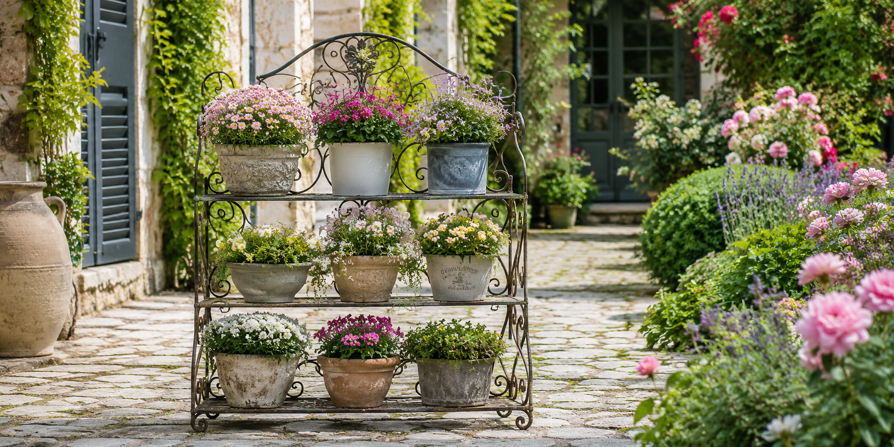 A vintage wrought iron plant stand with floral scrollwork, displaying flowering plants on a cobblestone patio surrounded by blooming garden beds