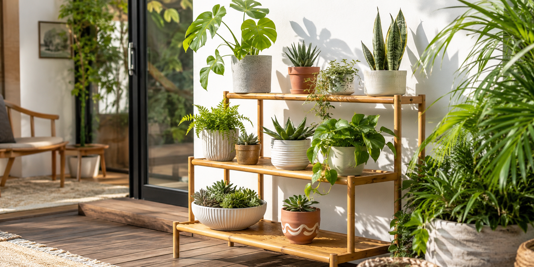 A bamboo tiered plant stand filled with potted tropical plants and succulents, placed on a wooden deck with natural sunlight