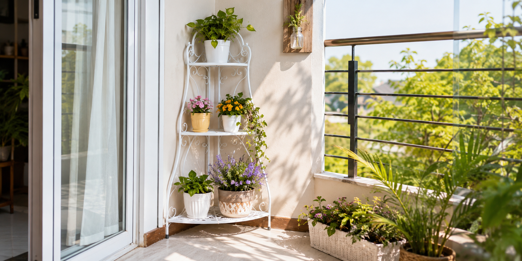 A white metal corner plant stand filled with small potted flowers and trailing greenery, situated in a sunlit balcony corner.