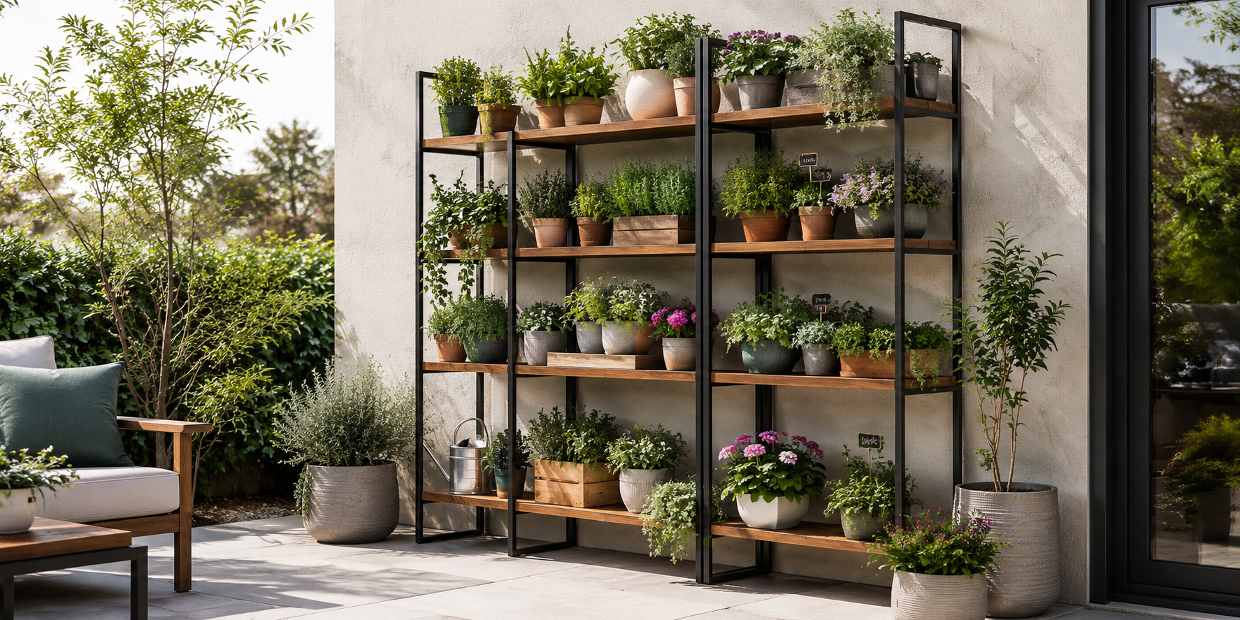 A tall vertical plant shelving unit with wood and metal shelves filled with potted plants, herbs, and flowers against a patio wall.