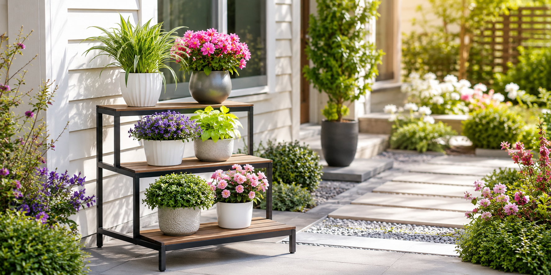 A three-step outdoor plant stand displaying colorful flowers and green foliage, placed beside a garden pathway