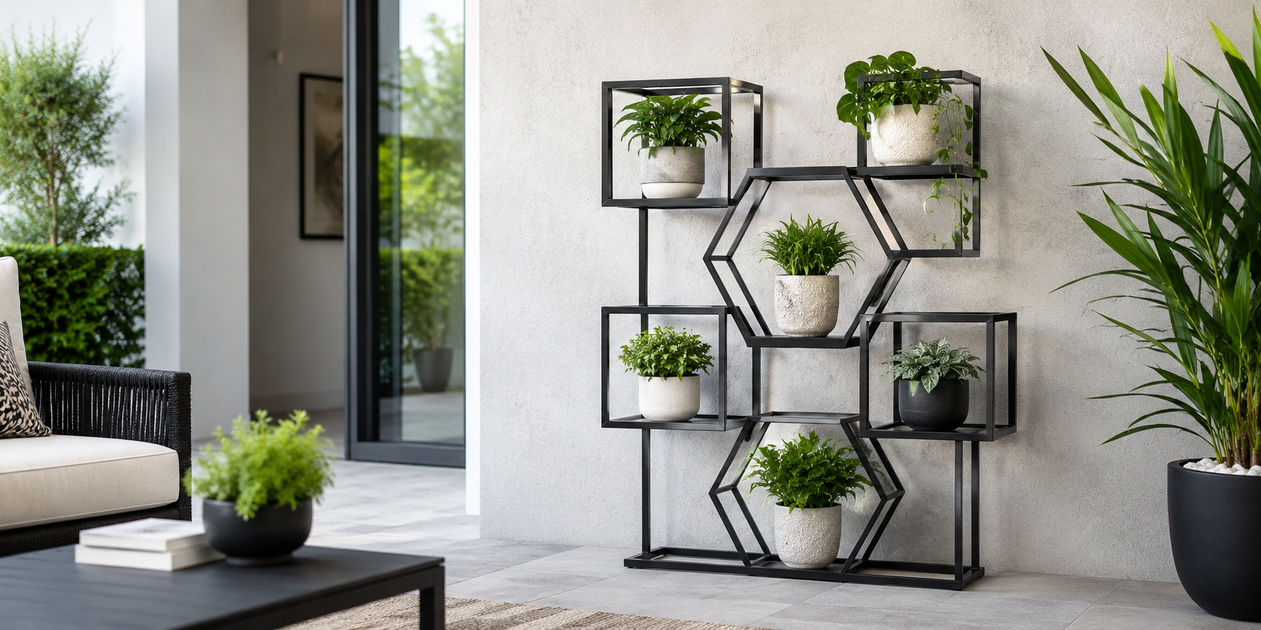 A geometric black metal frame plant stand with square and hexagonal sections holding small potted plants on a minimalist patio