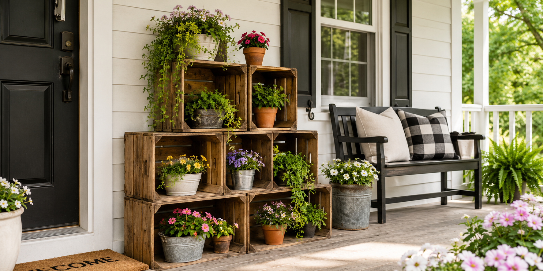 Stacked wooden crates repurposed as a rustic plant stand, filled with colorful potted flowers on a farmhouse porch