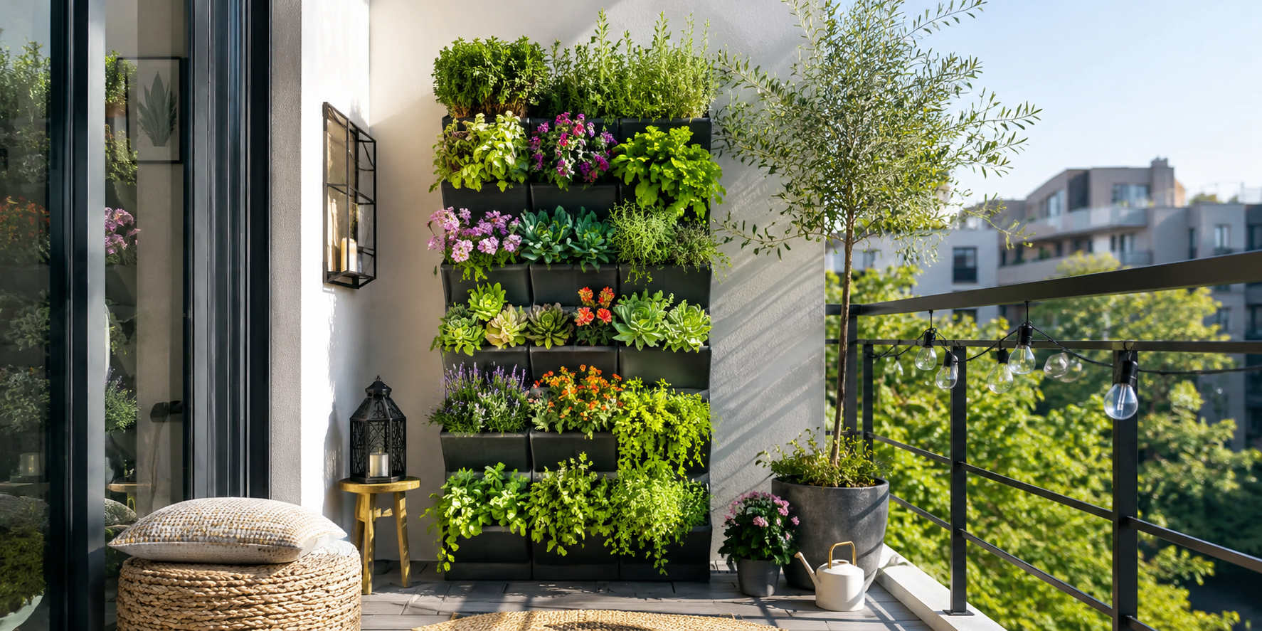 A tall vertical plant tower filled with herbs, succulents, and flowers on a compact balcony, with bright daylight