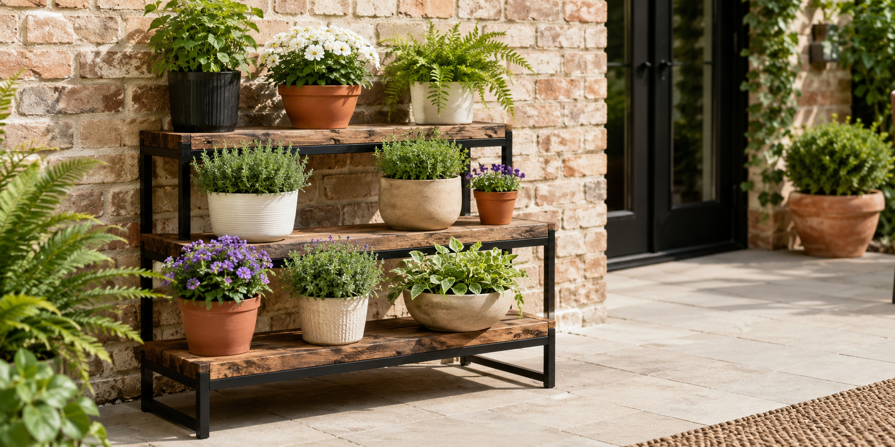 A reclaimed wood and iron plant stand featuring mixed potted plants, set against a rustic brick wall outdoors