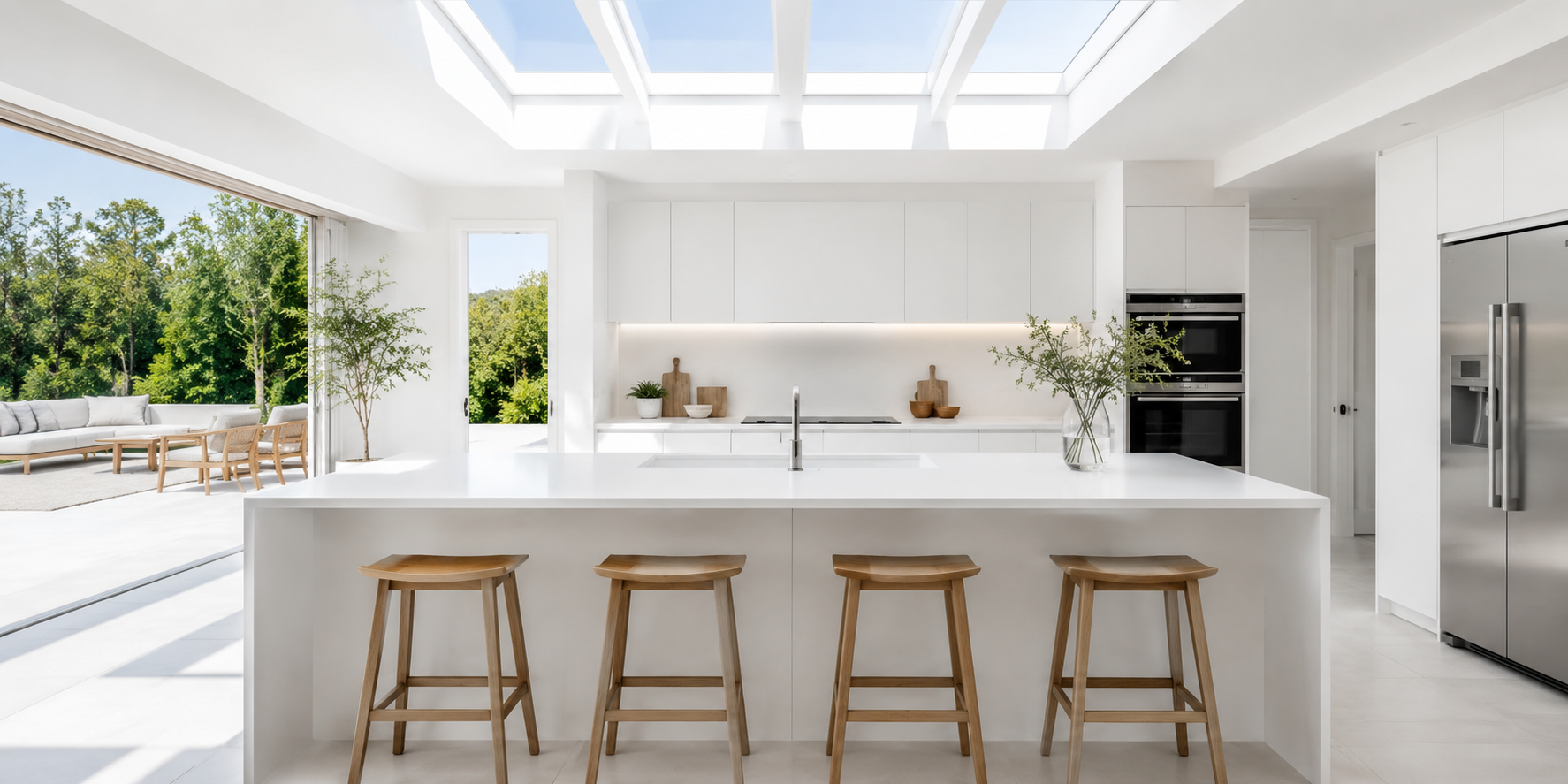 A minimalist all-white kitchen island with a hidden sink, smooth surfaces, natural wood stools, and bright skylight illumination