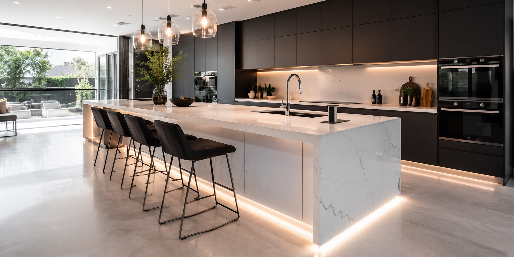 A futuristic kitchen island with integrated sink, smart faucet, pop-up outlets, LED under-lighting, and tech-modern seating