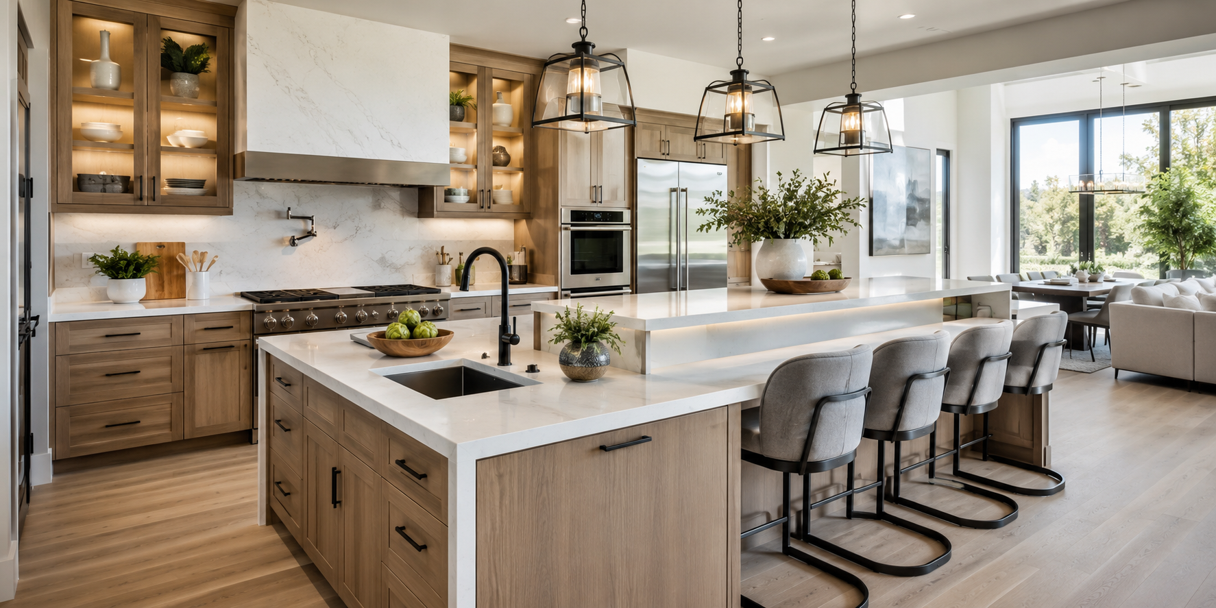 A two-level prep and bar island with sink, raised back counter, stools, modern industrial lighting, and open layout