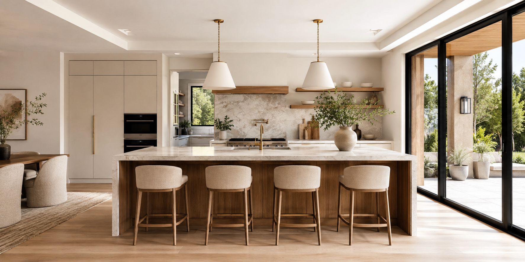 A wood-accented kitchen island with a stone countertop, integrated sink, and cozy stools, with bright and natural lighting