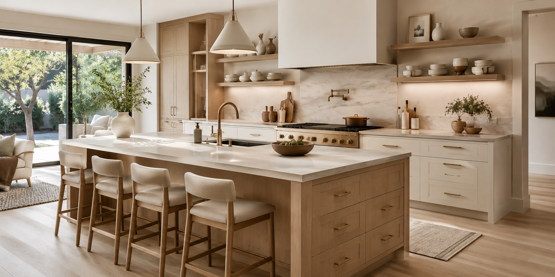 A kitchen island with sink, open shelves displaying ceramics, drawers for storage, and bar stools, neutral palette.