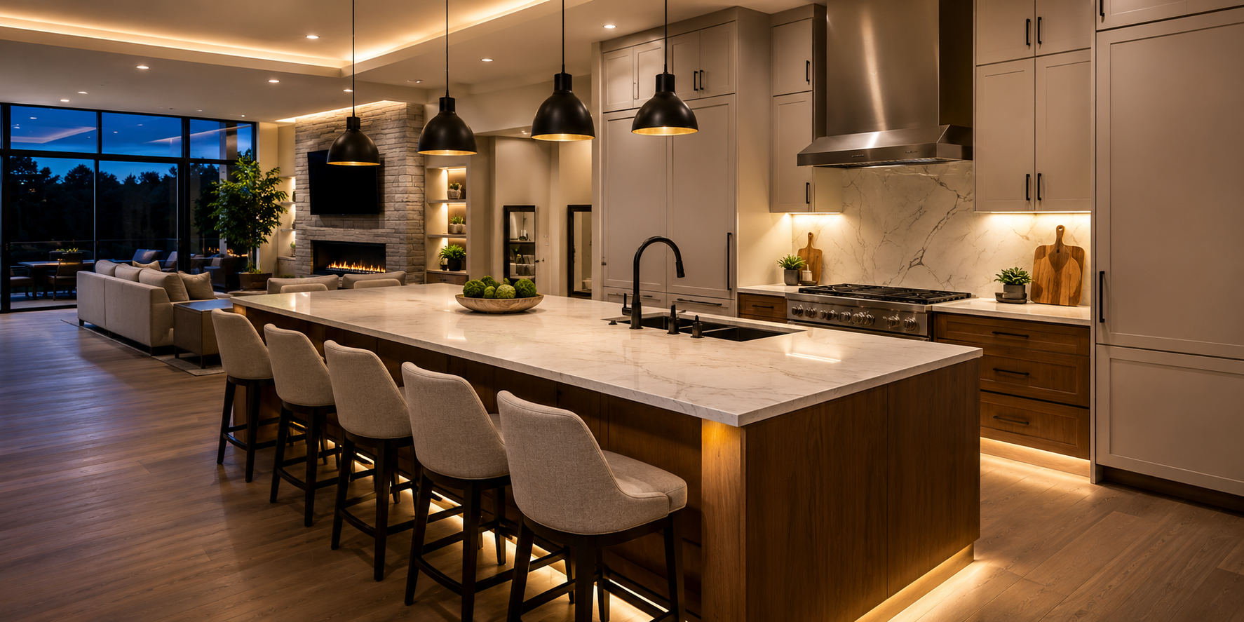 A kitchen island with multiple lighting layers—pendants, LED under-lighting, integrated sink, and cozy seating. Evening ambiance