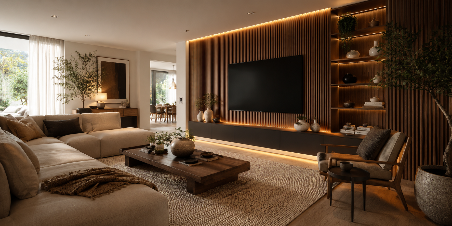 Living room with a dark oak slat accent wall, mounted TV centered, beige sectional sofa, layered rug, warm LED lighting, and natural décor tones.