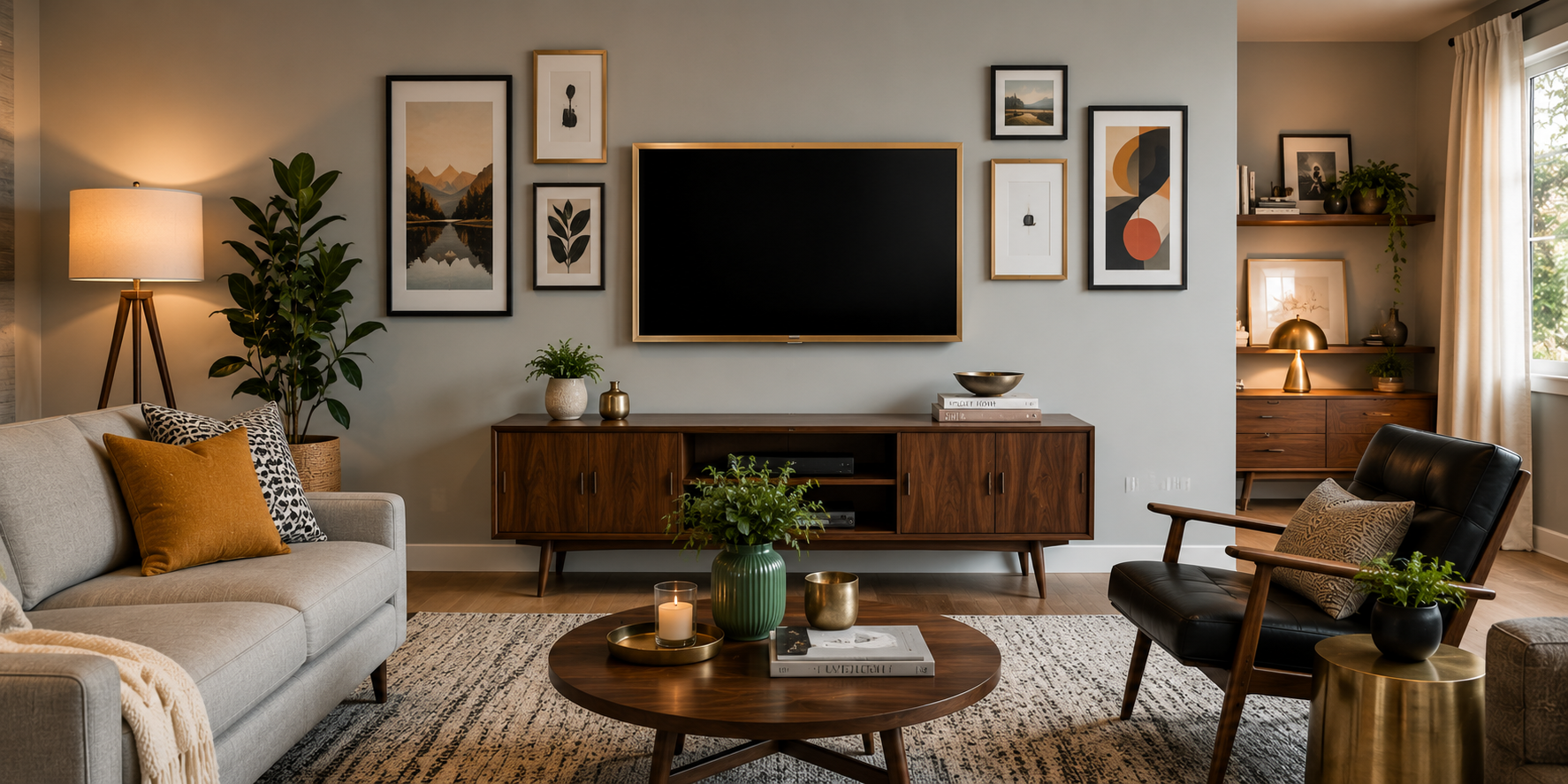 TV framed in brushed gold with art prints arranged around it on a light gray wall, mid-century furniture, and cozy lighting.