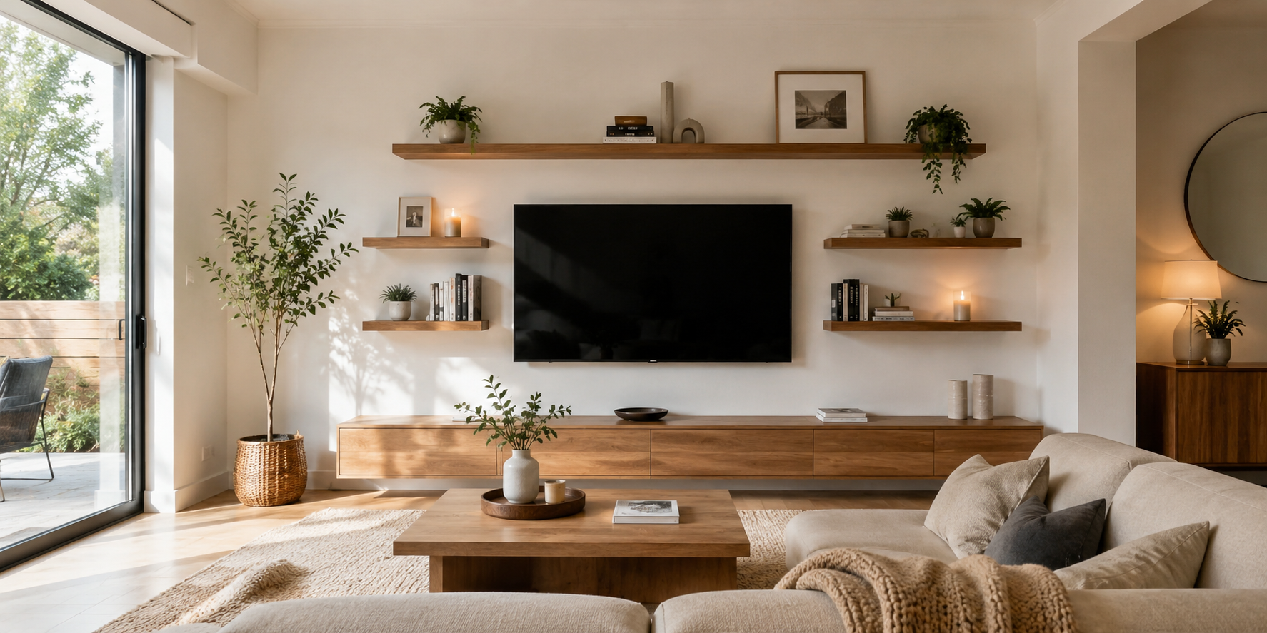 TV wall with asymmetrical floating wood shelves holding books, candles, and small plants, minimal Scandinavian-style furniture, and natural light.