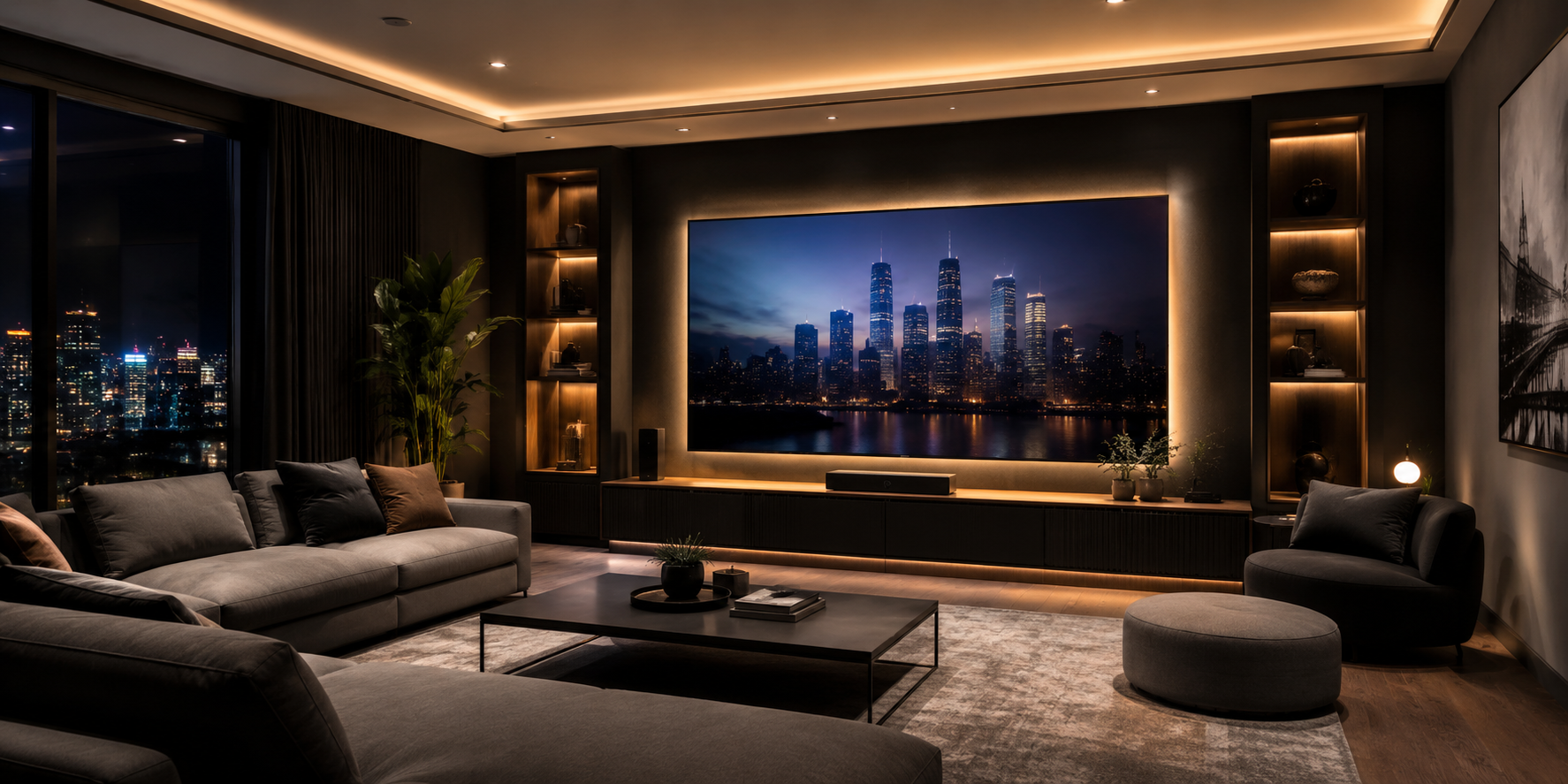 A modern home theater living room with LED backlighting glowing behind the TV, dark gray walls, sleek furniture, moody lighting, cinematic vibe