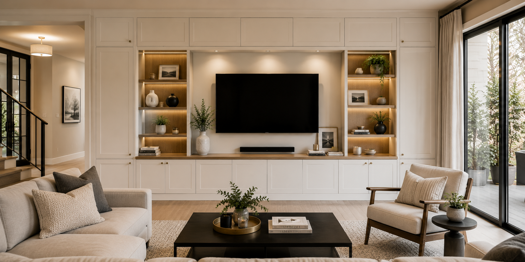 A full built-in media wall with TV centered, matte white cabinetry, wood shelving, warm lighting, and minimalistic décor