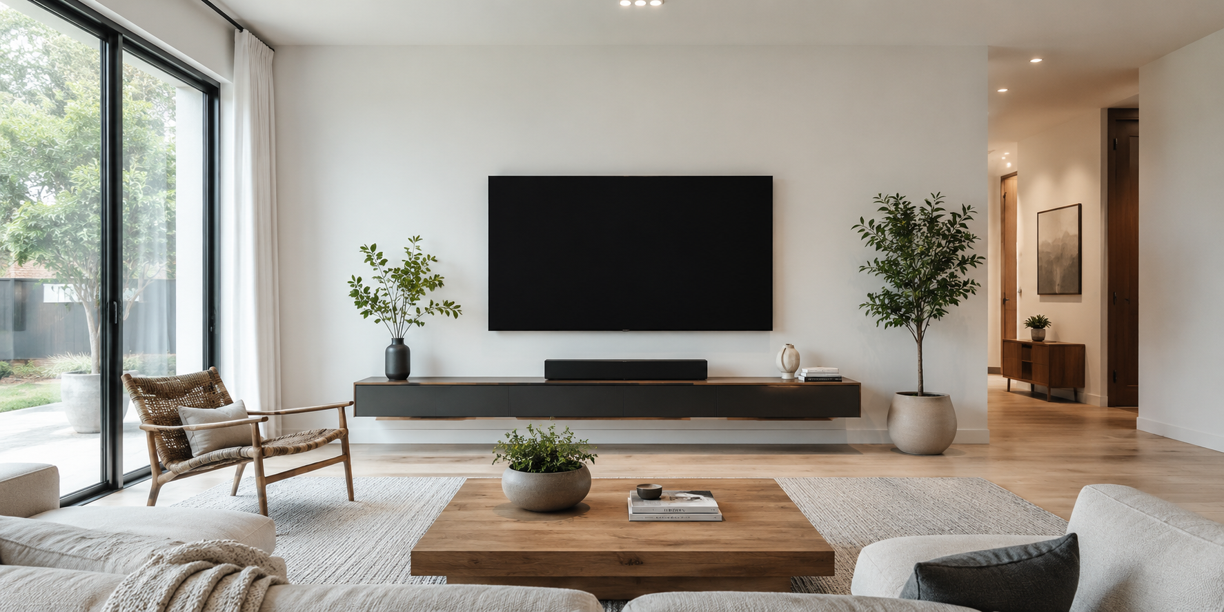A minimalist TV wall with matte white paint, black TV, slim floating console, clean lines, and natural light