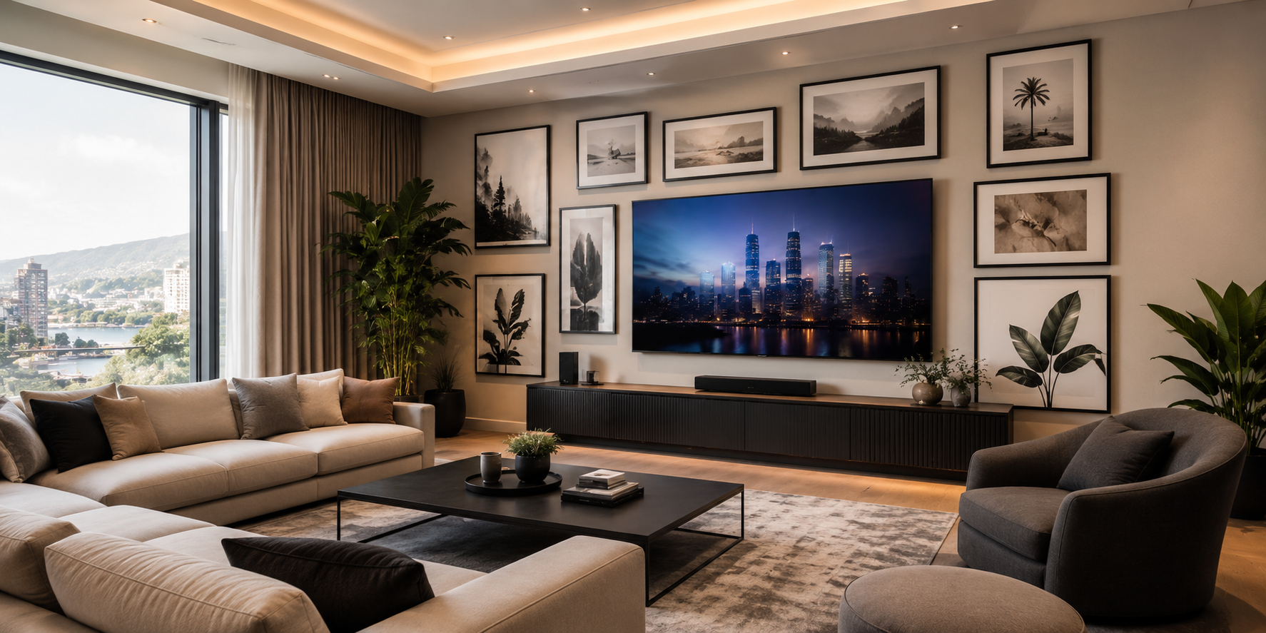 A gallery wall around a TV with black frames, modern prints, plants, and soft neutral furnishings.