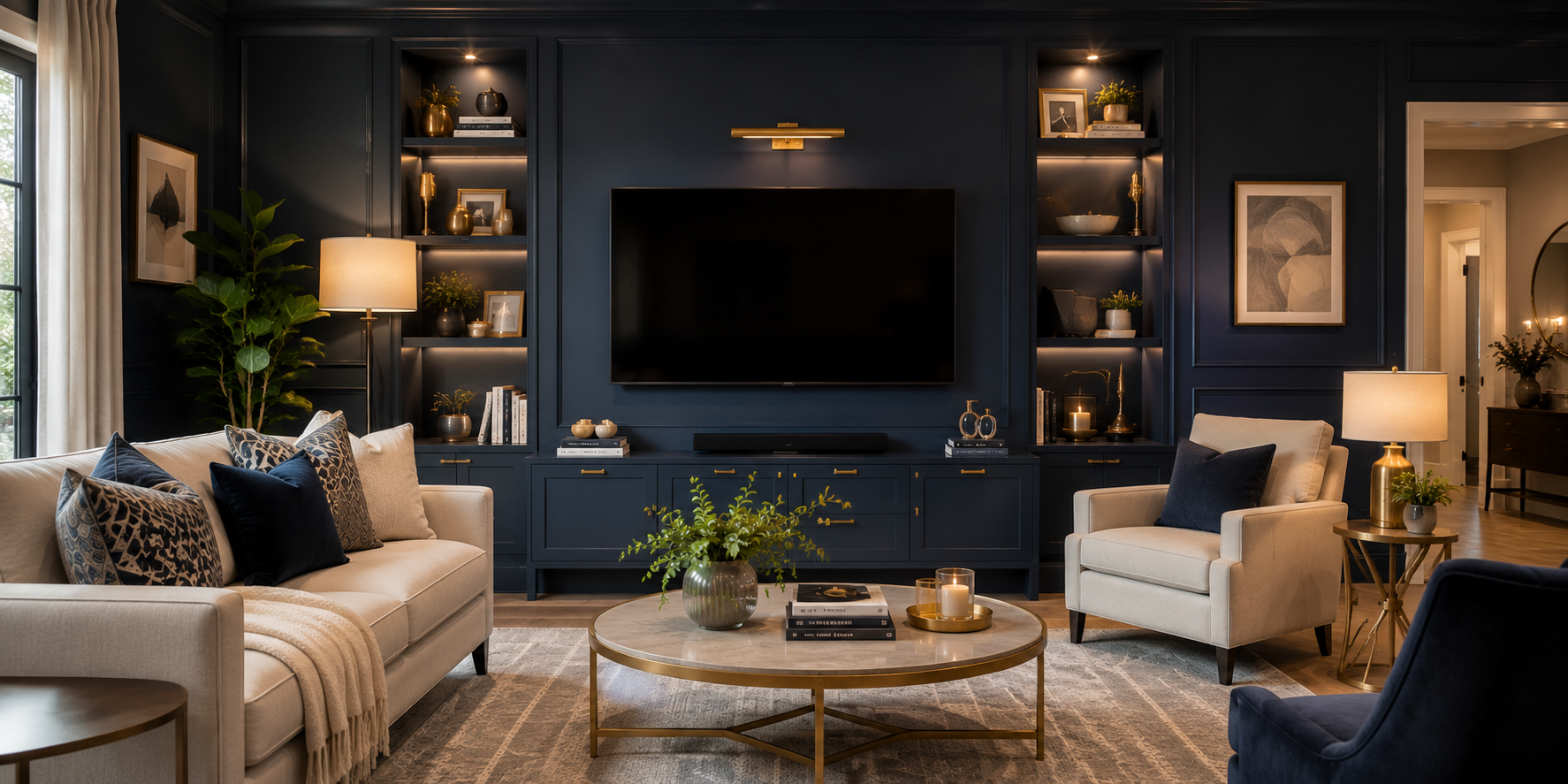 A navy blue painted living room wall with a mounted TV, beige sofa, gold décor accents, and ambient side lighting.