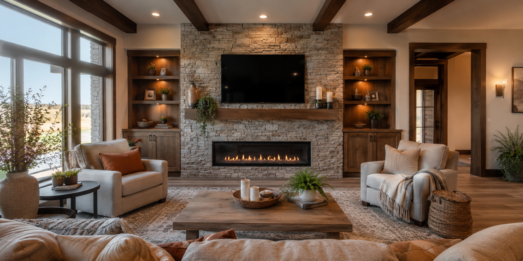 A fireplace and TV combo wall with stone cladding, floating wood mantel, cozy armchairs, and layered lighting