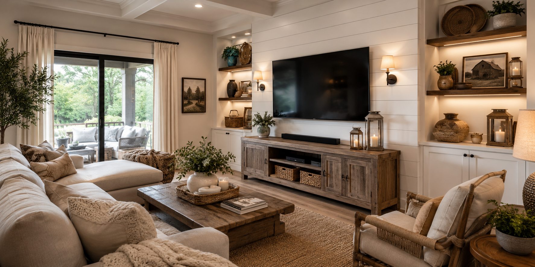 A white shiplap TV wall with rustic décor, woven textures, and warm lighting.