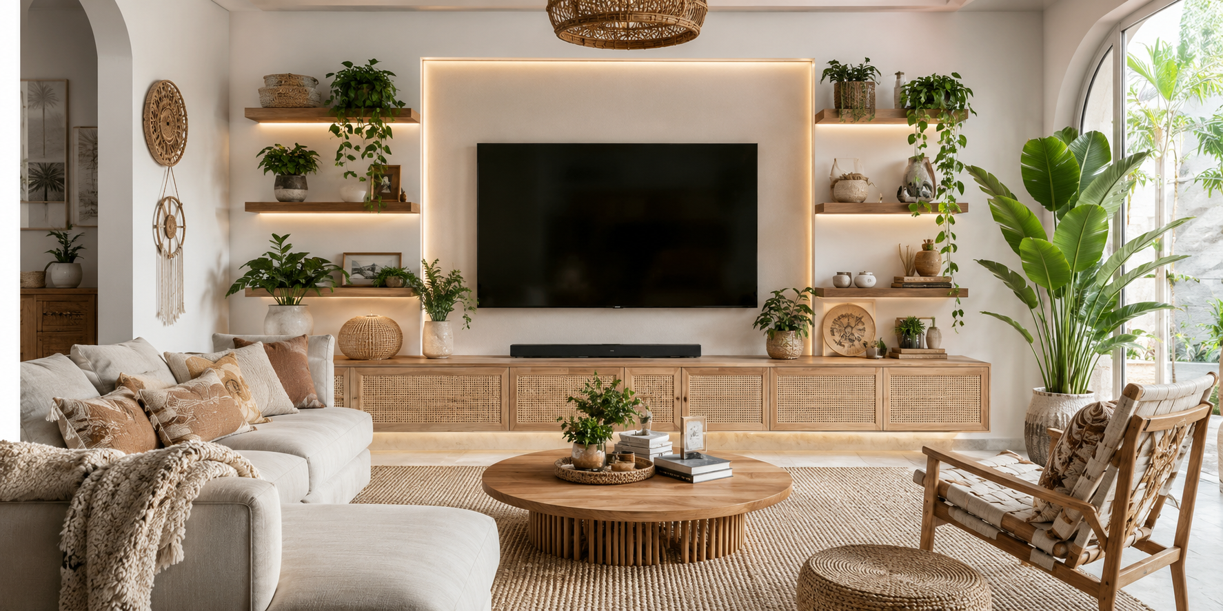 A TV wall with lush indoor plants on floating shelves, soft ambient lighting, and bohemian textures.