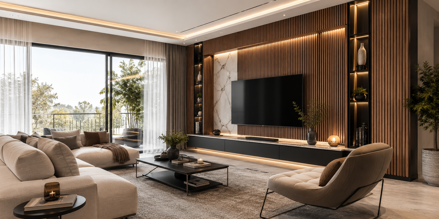 Mixed-material TV wall with walnut wood slats, black metal frames, and marble accents, soft neutral furnishings.