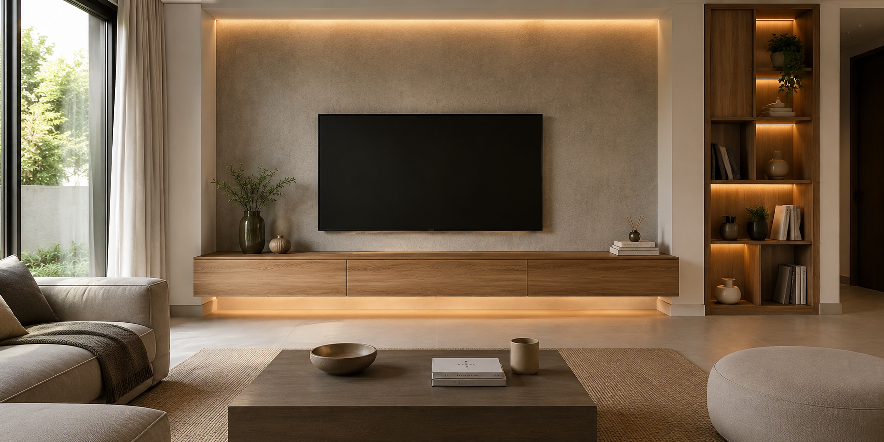 Floating wooden cabinet with hidden drawers under a TV, clean modern décor, neutral palette
