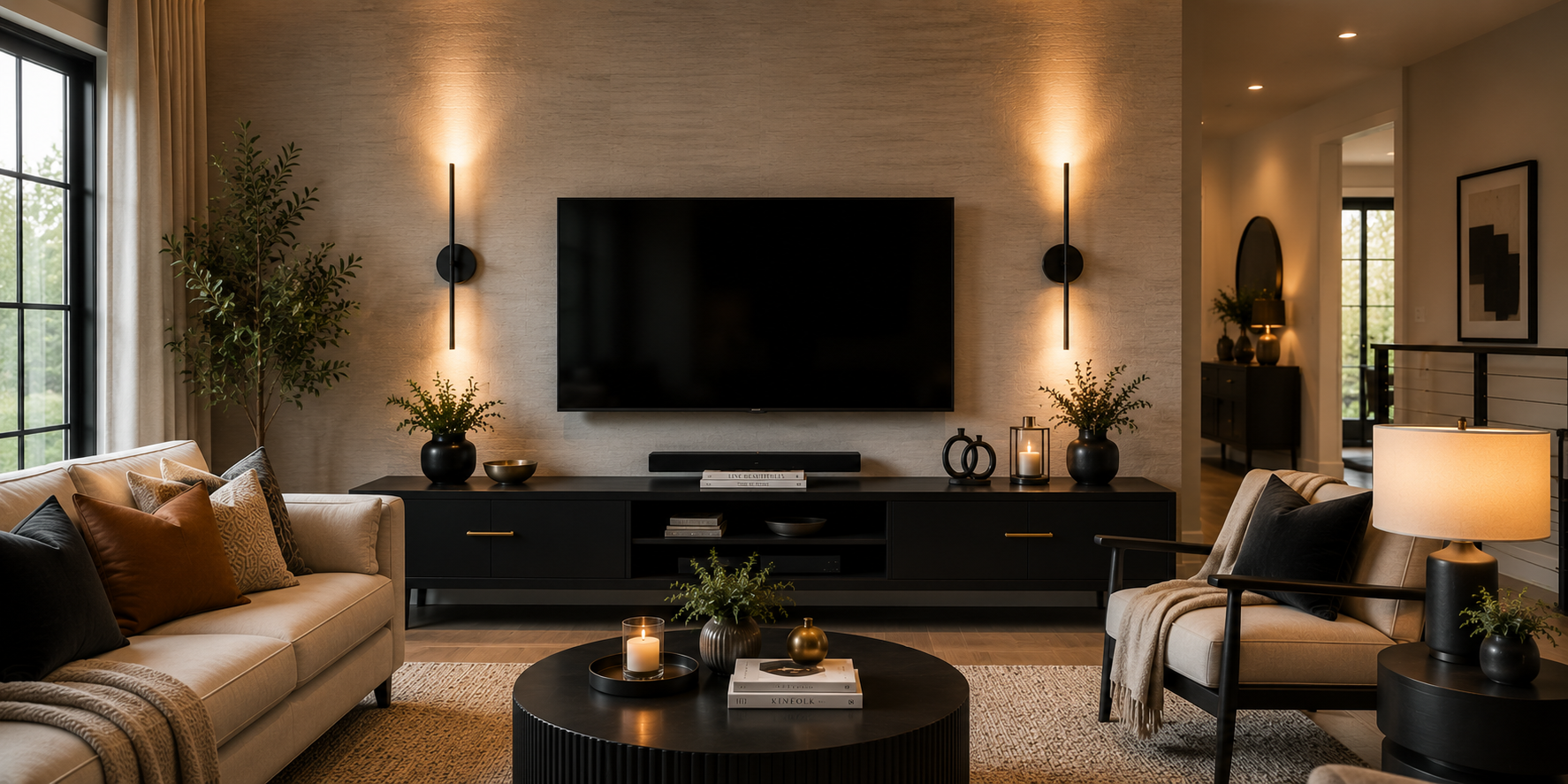Modern living room with matte black sconces beside a TV, warm glow, textured wall, and stylish furnishings.