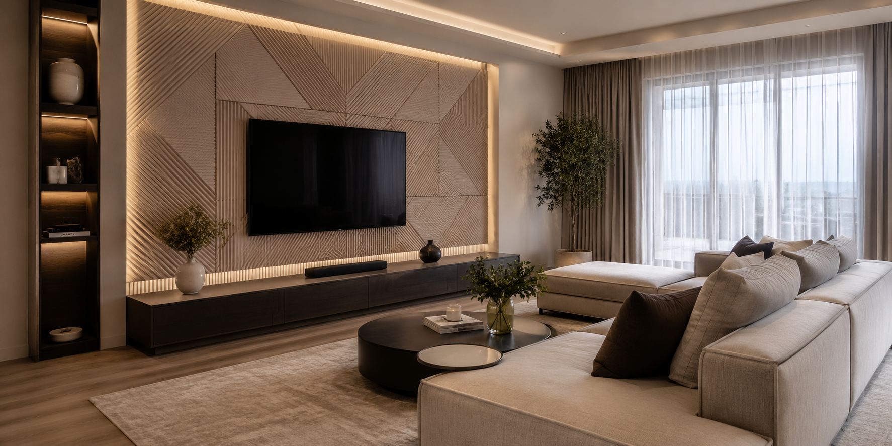 A TV wall with geometric acoustic panels in soft beige tones, a modern sofa, ambient lighting, calm atmosphere.